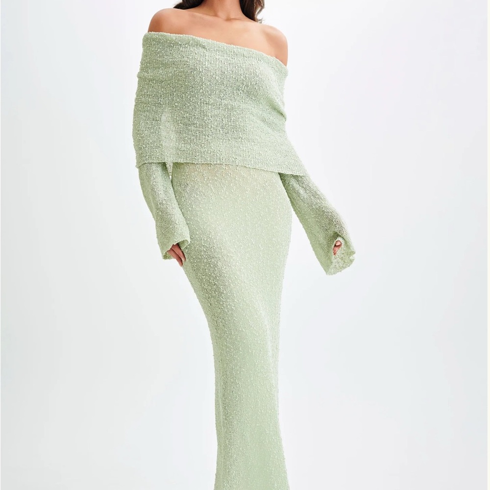 Meshki Marisol Pastel Green Off Shoulder Boucle Maxi Dress NWT